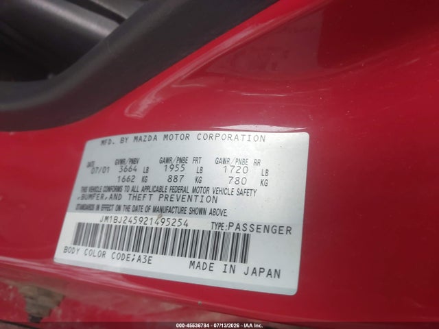 2002 Mazda Protege5 მანქანა იყიდება აუქციონზე, vin: JM1BJ245921495254, აუქციონის ნომერი: 45536784