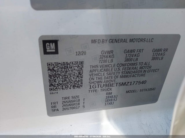 Aukcja sprzedaży 2021 Gmc Sierra 1500 4wd  Short Box Sle, vin: 1GTU9BET5MZ177540, numer aukcji: 45536785