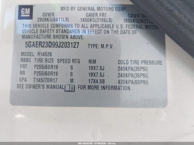 Aukcja sprzedaży 2009 Buick Enclave Cxl, vin: 5GAER23D99J203127, numer aukcji: 45536786