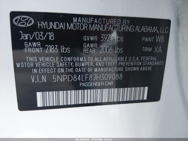 2018 Hyundai Elantra Value Edition მანქანა იყიდება აუქციონზე, vin: 5NPD84LF8JH309088, აუქციონის ნომერი: 45536788