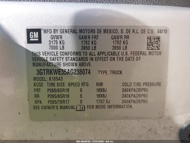Продаж на аукціоні авто 2010 Gmc Sierra 1500 Slt, vin: 3GTRKWE35AG238074, номер лоту: 45536792