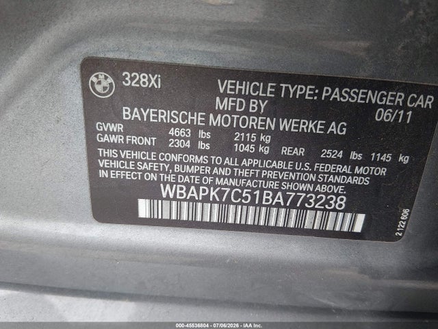 45536804 :رقم المزاد ، WBAPK7C51BA773238 vin ، 2011 Bmw 328i Xdrive مزاد بيع