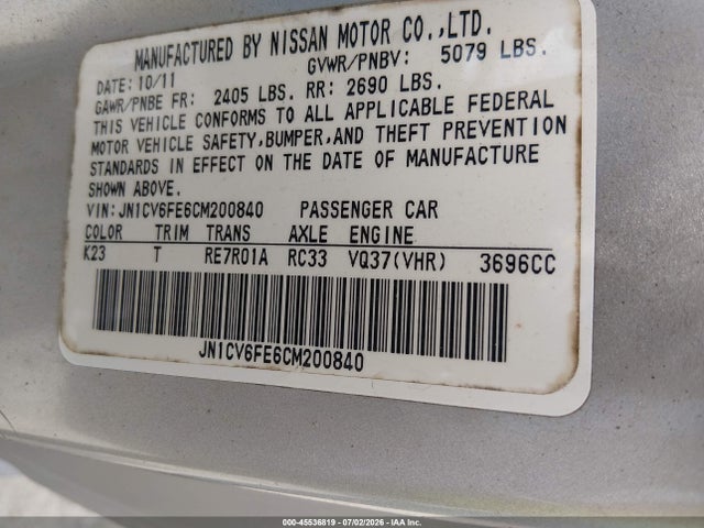 Продаж на аукціоні авто 2012 Infiniti G37, vin: JN1CV6FE6CM200840, номер лоту: 45536819