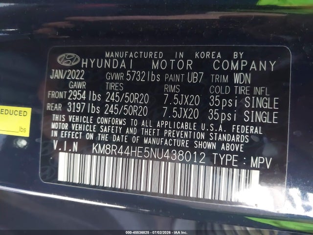 KM8R44HE5NU438012 Hyundai Palisade Sel