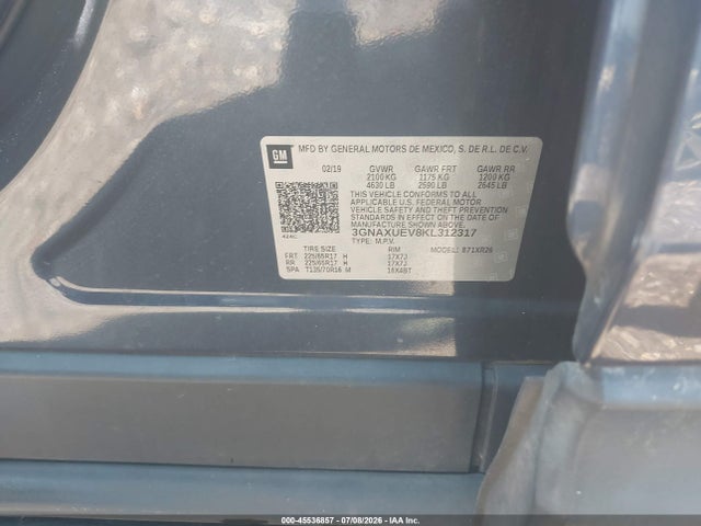 Aukcja sprzedaży 2019 Chevrolet Equinox Lt, vin: 3GNAXUEV8KL312317, numer aukcji: 45536857