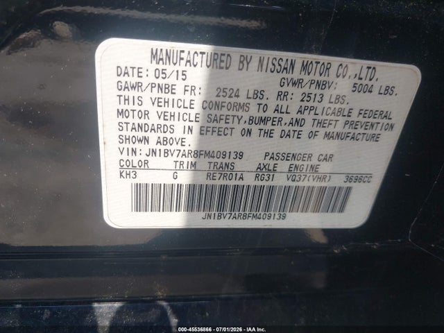 45536866 :رقم المزاد ، JN1BV7AR8FM409139 vin ، 2015 Infiniti Q50 Premium مزاد بيع