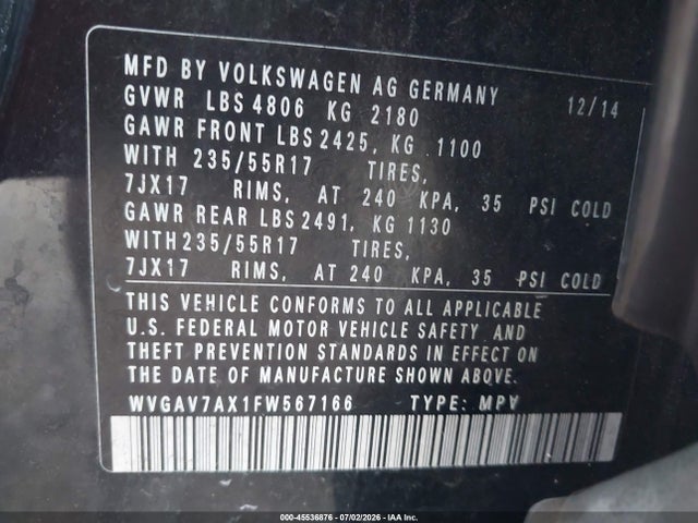WVGAV7AX1FW567166 Volkswagen TIGUAN SE