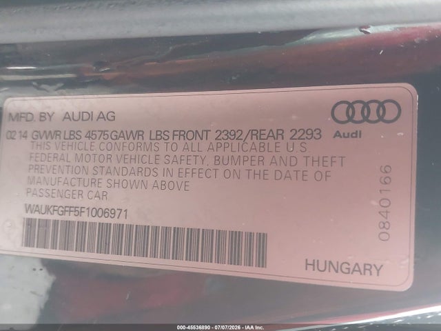 45536890 :رقم المزاد ، WAUKFGFF5F1006971 vin ، 2015 Audi A3 2.0t Premium مزاد بيع