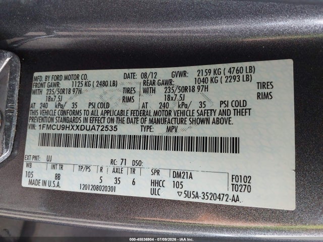 2013 Ford Escape Sel მანქანა იყიდება აუქციონზე, vin: 1FMCU9HXXDUA72535, აუქციონის ნომერი: 45536904