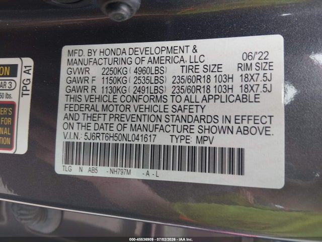 Aukcja sprzedaży 2022 Honda Cr-v Hybrid Ex, vin: 5J6RT6H50NL041617, numer aukcji: 45536909