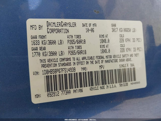 Продаж на аукціоні авто 2007 Dodge Durango Limited, vin: 1D8HB58P67F514939, номер лоту: 45536933