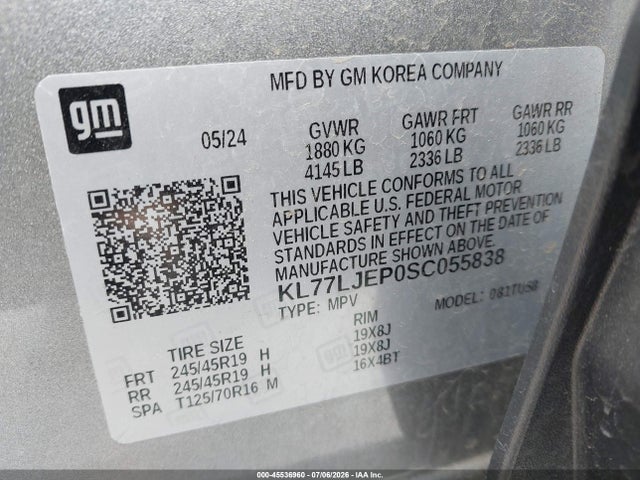 45536960 :رقم المزاد ، KL77LJEP0SC055838 vin ، 2025 Chevrolet Trax Fwd 2rs مزاد بيع