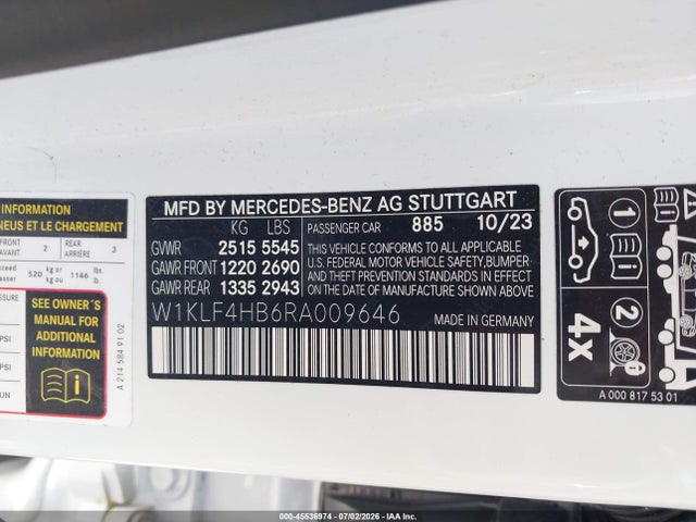 Aukcja sprzedaży 2024 Mercedes-benz E 350, vin: W1KLF4HB6RA009646, numer aukcji: 45536974