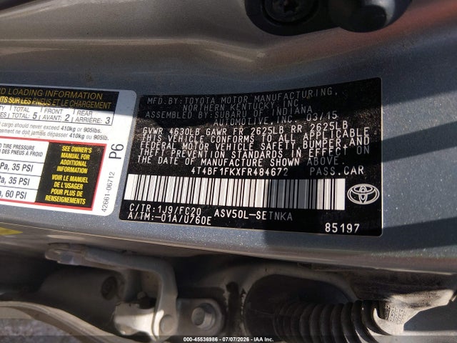 Продажа на аукционе авто 2015 Toyota Camry Le, vin: 4T4BF1FKXFR484672, номер лота: 45536986