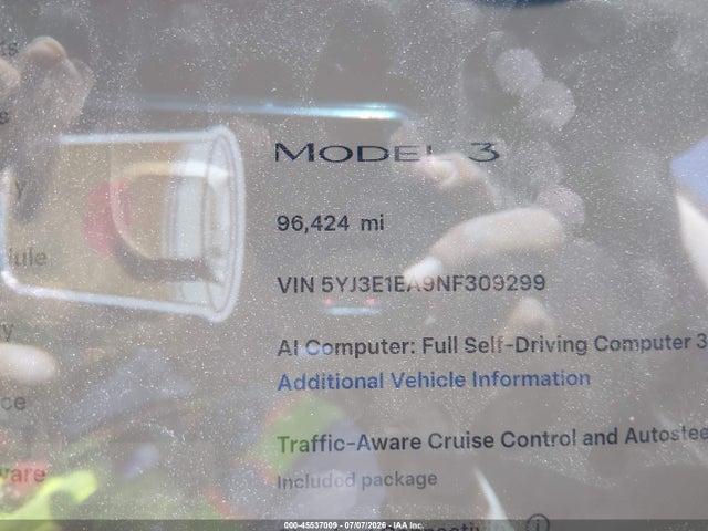 45537009 :رقم المزاد ، 5YJ3E1EA9NF309299 vin ، 2022 Tesla Model 3 Rear-wheel Drive مزاد بيع