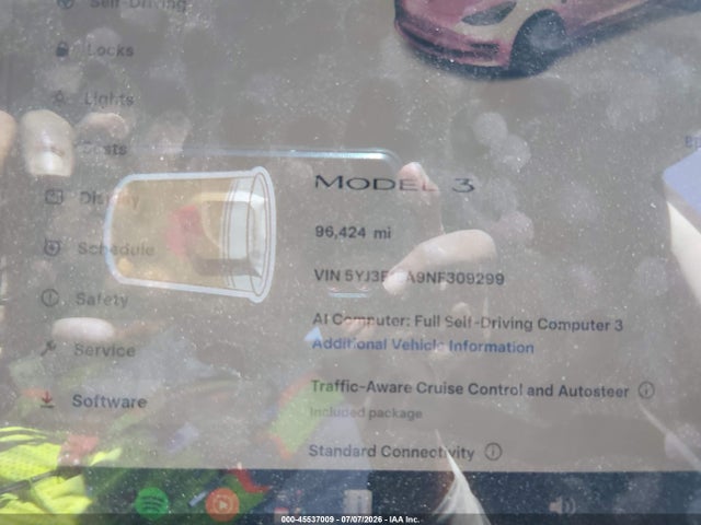 45537009 :رقم المزاد ، 5YJ3E1EA9NF309299 vin ، 2022 Tesla Model 3 Rear-wheel Drive مزاد بيع