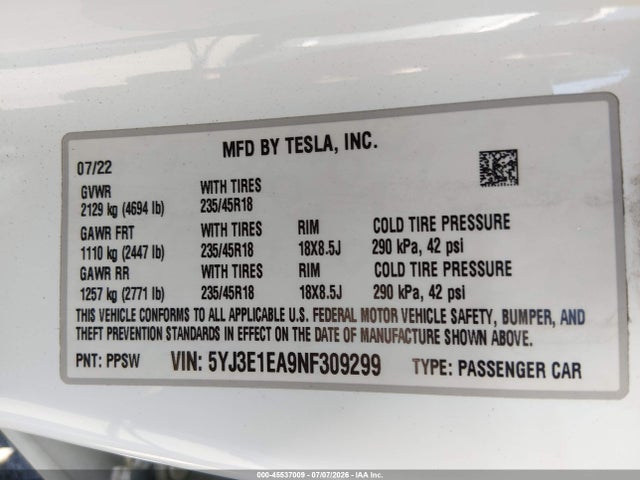 45537009 :رقم المزاد ، 5YJ3E1EA9NF309299 vin ، 2022 Tesla Model 3 Rear-wheel Drive مزاد بيع