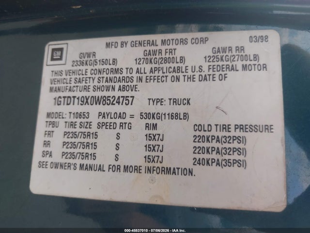 Продаж на аукціоні авто 1998 Gmc Sonoma Sls, vin: 1GTDT19X0W8524757, номер лоту: 45537010