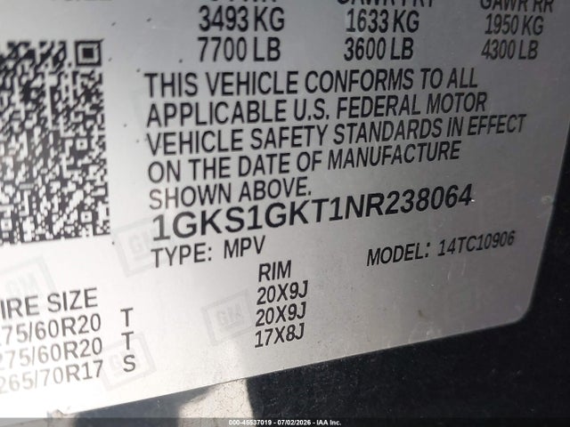 1GKS1GKT1NR238064 GMC Yukon Xl 2wd Slt