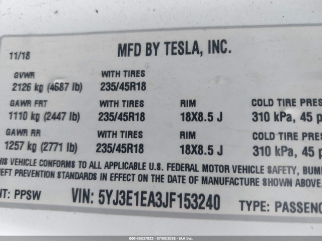Продаж на аукціоні авто 2018 Tesla Model 3 Long Range/mid Range, vin: 5YJ3E1EA3JF153240, номер лоту: 45537022