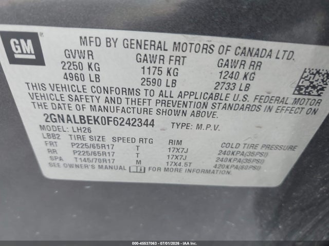 Chevrolet EQUINOX LT 2015 2GNALBEK0F6242344 Image 9