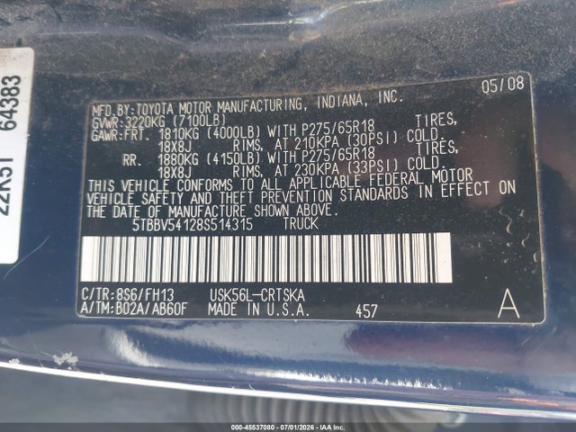45537080 :رقم المزاد ، 5TBBV54128S514315 vin ، 2008 Toyota Tundra Sr5 5.7l V8 مزاد بيع