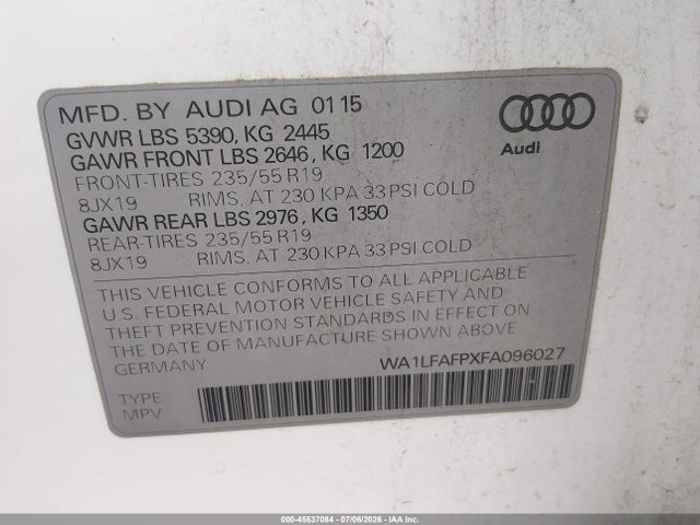 45537084 :رقم المزاد ، WA1LFAFPXFA096027 vin ، 2015 Audi Q5 2.0t Premium مزاد بيع