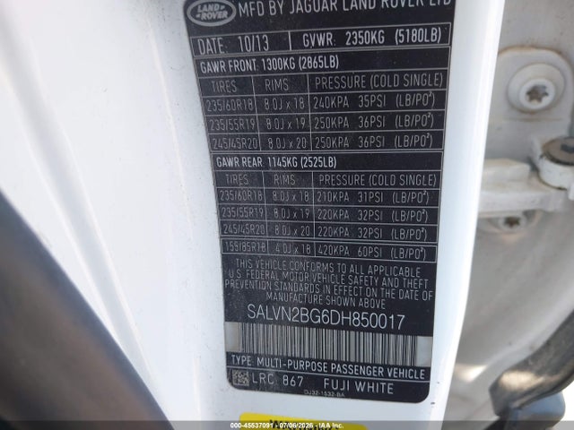 Aukcja sprzedaży 2013 Land Rover Range Rover Evoque Pure, vin: SALVN2BG6DH850017, numer aukcji: 45537091