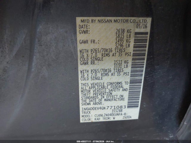 Aukcja sprzedaży 2016 Nissan Frontier Sv, vin: 1N6AD0EV4GN771083, numer aukcji: 45537111