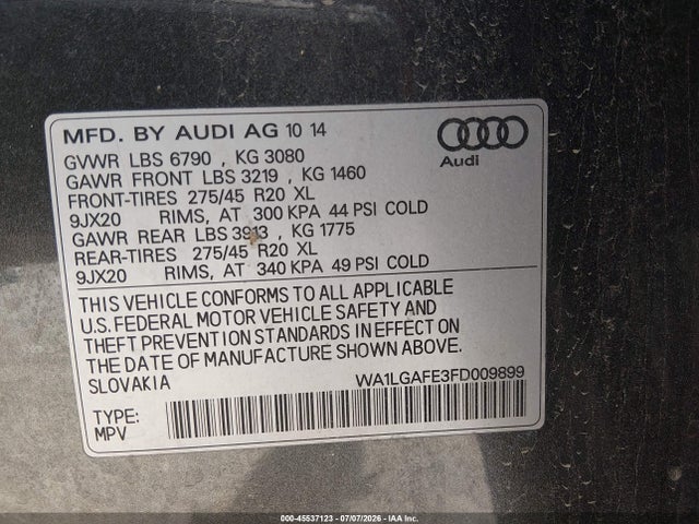 2015 Audi Q7 3.0t Premium მანქანა იყიდება აუქციონზე, vin: WA1LGAFE3FD009899, აუქციონის ნომერი: 45537123
