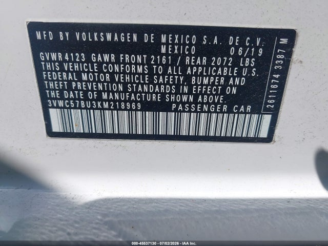 45537130 :رقم المزاد ، 3VWC57BU3KM218969 vin ، 2019 Volkswagen Jetta 1.4t R-line/1.4t S/1.4t Se مزاد بيع