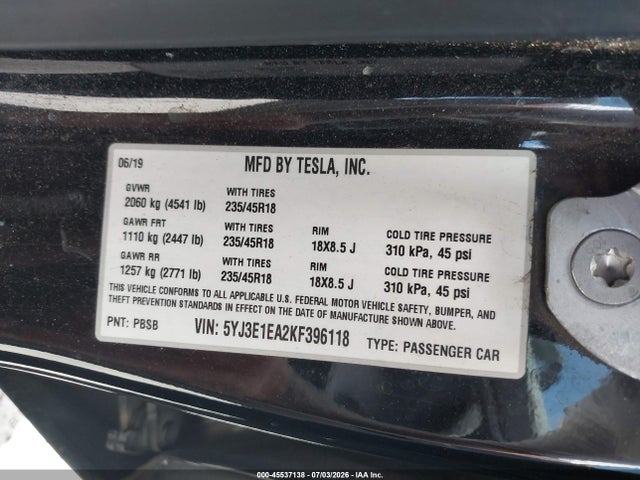 Aukcja sprzedaży 2019 Tesla Model 3 Long Range/mid Range/standard Range/standard Range Plus, vin: 5YJ3E1EA2KF396118, numer aukcji: 45537138
