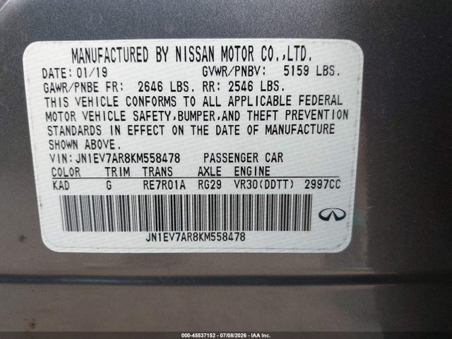 Продажа на аукционе авто 2019 Infiniti Q50 3.0t Luxe, vin: JN1EV7AR8KM558478, номер лота: 45537152