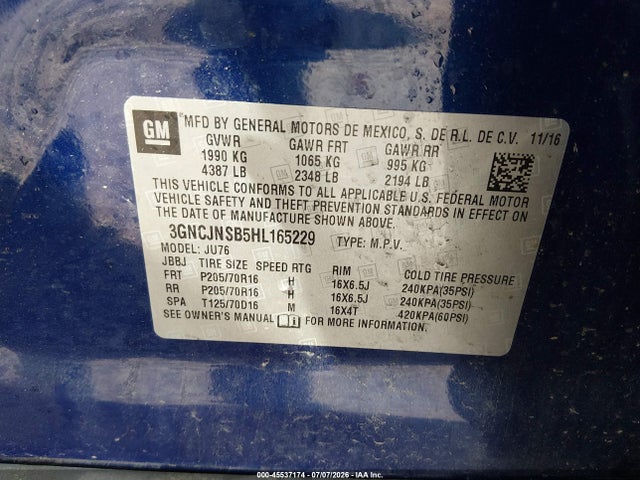 Продаж на аукціоні авто 2017 Chevrolet Trax Ls, vin: 3GNCJNSB5HL165229, номер лоту: 45537174