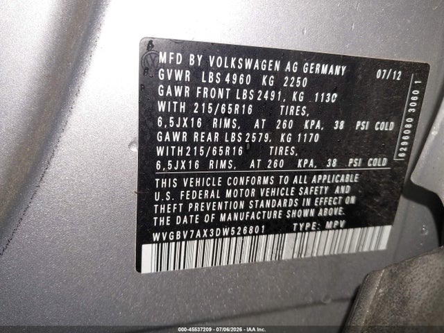 Aukcja sprzedaży 2013 Volkswagen Tiguan S, vin: WVGBV7AX3DW526801, numer aukcji: 45537209
