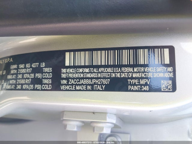 Aukcja sprzedaży 2018 Jeep Renegade Latitude Fwd, vin: ZACCJABB8JPH27607, numer aukcji: 45537213