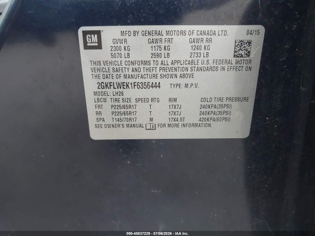 Aukcja sprzedaży 2015 Gmc Terrain Sle-2, vin: 2GKFLWEK1F6356444, numer aukcji: 45537229