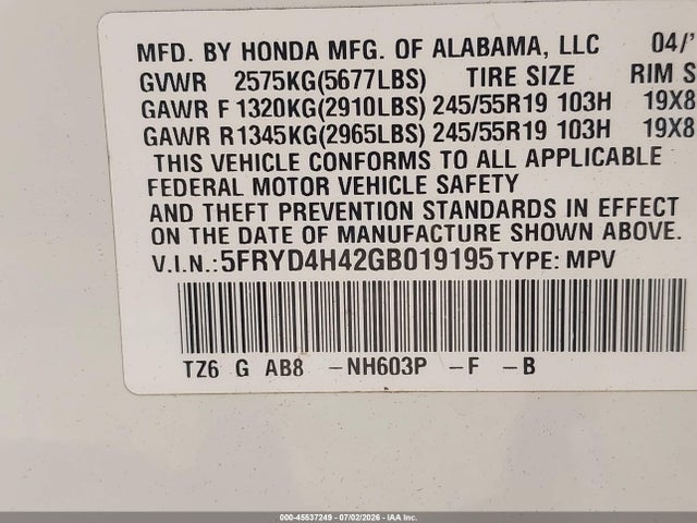 45537249 :رقم المزاد ، 5FRYD4H42GB019195 vin ، 2016 Acura Mdx Technology   Acurawatch Plus Packages/technology Package مزاد بيع