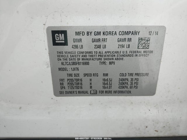 Chevrolet Trax Lt 2015 KL7CJLSB5FB116900 Image 9