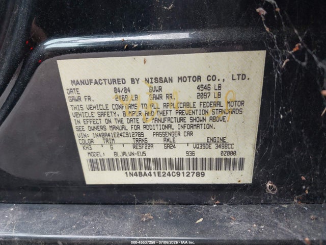 Aukcja sprzedaży 2004 Nissan Maxima 3.5 Sl, vin: 1N4BA41E24C912789, numer aukcji: 45537258