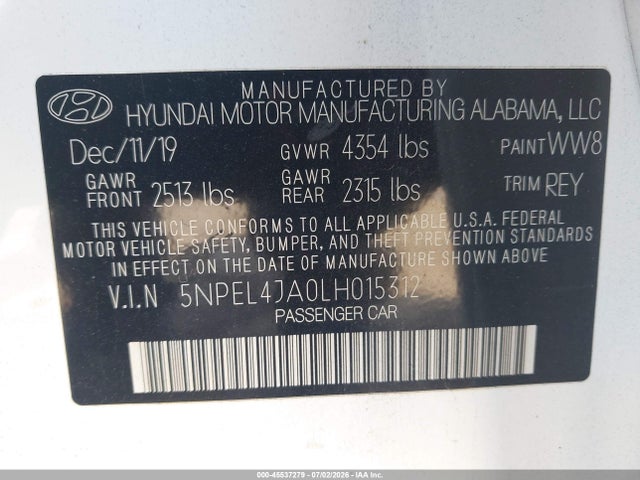 Продажа на аукционе авто 2020 Hyundai Sonata Sel, vin: 5NPEL4JA0LH015312, номер лота: 45537279