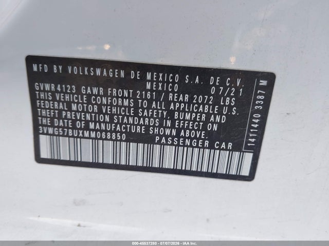 2021 Volkswagen Jetta Sel Premium მანქანა იყიდება აუქციონზე, vin: 3VWG57BUXMM068850, აუქციონის ნომერი: 45537280