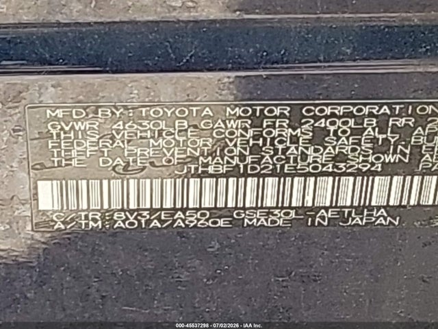 Aukcja sprzedaży 2014 Lexus Is 250, vin: JTHBF1D21E5043294, numer aukcji: 45537298