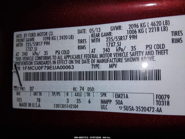 1FMCU0F79EUA00063 Ford ESCAPE S