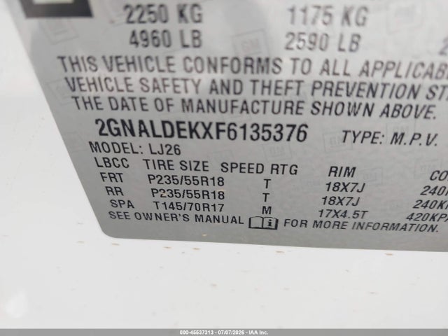 45537313 :رقم المزاد ، 2GNALDEKXF6135376 vin ، 2015 Chevrolet Equinox Ltz مزاد بيع