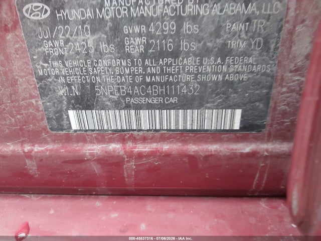 Aukcja sprzedaży 2011 Hyundai Sonata Gls, vin: 5NPEB4AC4BH111432, numer aukcji: 45537316