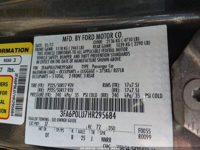 Продажа на аукционе авто 2017 Ford Fusion Hybrid Se, vin: 3FA6P0LU7HR295684, номер лота: 45537320