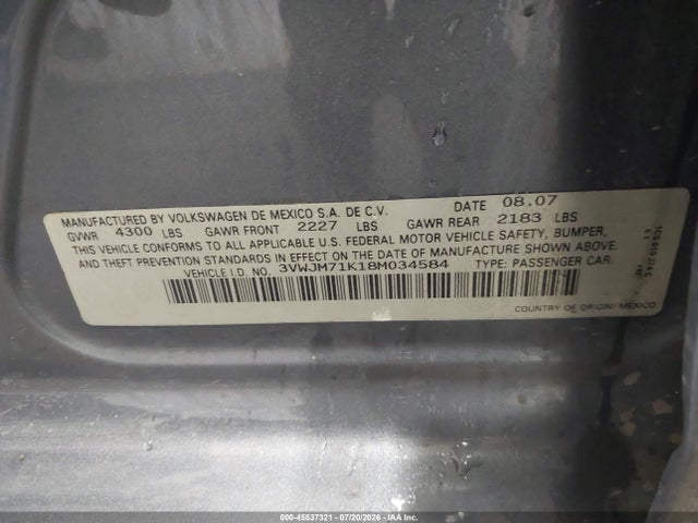 45537321 :رقم المزاد ، 3VWJM71K18M034584 vin ، 2008 Volkswagen Jetta S مزاد بيع