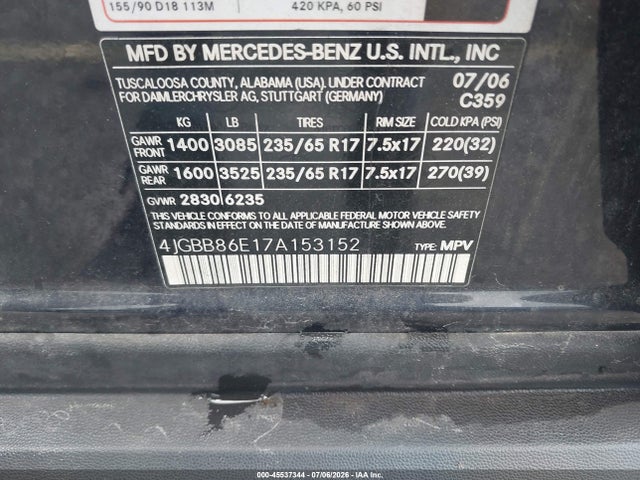 45537344 :رقم المزاد ، 4JGBB86E17A153152 vin ، 2007 Mercedes-benz Ml 350 4matic مزاد بيع