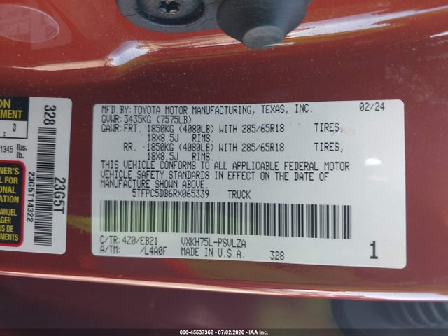 45537362 :رقم المزاد ، 5TFPC5DB6RX065339 vin ، 2024 Toyota Tundra Hybrid Trd Pro 4wd مزاد بيع